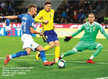  ??  ?? Italy’s Ciro Immobile, left, shoots on goal, but only hits the side rigging Photo: AP