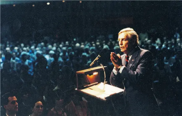  ?? EDMONTON JOURNAL/FILE ?? The late Peter Lougheed, shown here in 1985, created the Alberta Heritage Savings Trust Fund in 1977. Today, it’s a mere shadow of what the former premier had envisioned to cushion the province for the inevitable day when oil and gas reserves would...