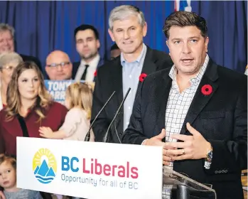  ?? JOHN LEHMANN ?? Liberal Leader Andrew Wilkinson presents the party’s presumptiv­e candidate for Nanaimo, Tony Harris, right, on Wednesday. The city is holding a byelection after NDP MLA Leonard Krog vacated the seat.