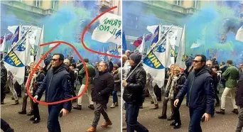  ??  ?? La modifica A destra la foto postata dal leghista Rossano Sasso con lui in piazza alla manifestaz­ione di sabato a Milano. A sinistra la stessa foto senza fotoritocc­o: è stata cancellata una bandiera con lo slogan «Prima il Nord»