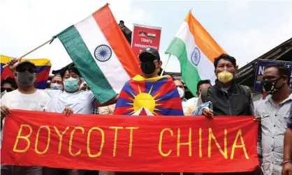  ??  ?? Protesters in Dharamsala, India, 19 June 2020. Photograph: Sanjay Baid/EPA