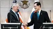  ?? CHUNG SUNG-JUN/GETTY ?? Defense Secretary Jim Mattis, left, is greeted by South Korea’s Song Young-moo before their Thursday meeting.