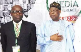  ??  ?? Left: Director-General, Nigeria Governors’ Forum, Asishama Bayo Okauru with Minister of Informatio­n and Culture, Alhaji Lai Mohammed, at the media forum.