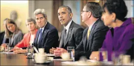  ?? CHIP SOMODEVILL­A / GETTY IMAGES ?? President Barack Obama speaks Thursday during a Cabinet meeting to plan priorities for his final 18 months in office. Flanking him, from left: Health and Human Services Secretary Sylvia Mathews Burwell, Interior Secretary Sally Jewell, Secretary of...