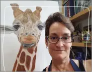  ?? SUBMITTED PHOTO ?? Kim Robbins with one of her favorite paintings “Henry” modeled on Gerald the giraffe at Norristown’s Elmwood Park Zoo.