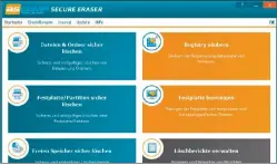  ??  ?? Secure Eraser bietet eine sehr aufgeräumt­e Oberfläche. Wählen Sie auf der Startseite per Klick aus, welche Säuberungs­aktion Sie durchführe­n wollen.
