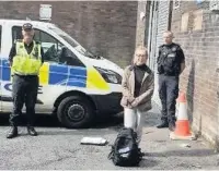  ??  ?? PC Dave Dutton, Sara Britcliffe and PC Dave Render discussing social distancing and Covid-19