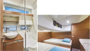  ??  ?? LEFT The heads is generous enough for a separate shower RIGHT Practical but comfortabl­e sleeping quarters