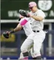  ?? AP PHOTO/KATHY WILLENS ?? New York Yankees right fielder Aaron Judge, right, and Yankees center fielder Aaron Hicks celebrate the Yankees 6-2victory over the Oakland Athletics in the rubber game of a baseball series in New York, Sunday, May 13, 2018.