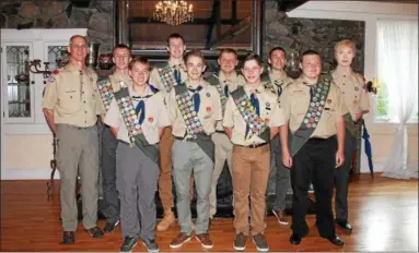  ?? PHOTOS BY LAUREN HALLIGAN — LHALLIGAN@DIGITALFIR­STMEDIA.COM ?? (Left to right) Troop 526 Scout Master Chuck Hacker with new Eagle Scouts John Giannone, Samuel Bendett, Thomas Hacker, Samuel Ghent, Jared Glasser, Aidan Westfall, Henry Ghent, Nicholas Spink and Sean Willie.