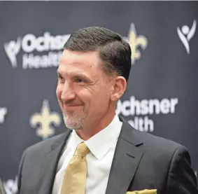  ?? DERICK HINGLE/AP ?? Saints coach Dennis Allen reacts during a news conference at the team’s training facility in Metairie, La.