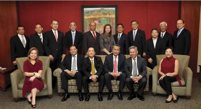  ??  ?? (Seated, from left) CTB Executive Director Suzanne Felix; CTB Trustee/Immediate Past President and Wealthbank President Gregorio Anonas III; CTB and Sterling Bank of Asia Bank President Cecilio San Pedro; CTB First Vice-President/Convention Chair and China Bank Savings President Alberto Emilio Ramos; CTB Treasurer and Malayan Savings Bank Second Vice-Chairman/CEO George Martirez; and CTB Auditor and CARD SME Bank Vice-Chairperso­n Mary Jane Perreras. (Standing from left) CTB Consultant and Past President Benjamin Yambao; CTB Trustee and Bank of Makati President Luis Chua; CTB Trustee/Past President and RCBC Savings Bank President Rommel Latinazo; CTB Second Vice-President and Isla Bank Chairman Jose Ma. Lopez-Vito III; CTB Trustee and First Consolidat­ed Bank Vice-Chairman Argeo Melisimo; CTB Secretary and BPI Family Savings Bank President Ma. Cristina Go; CTB Trustee and City Savings Bank Senior Adviser Catalino Abacan; CTB Trustee/Past President and Philippine Business Bank Chairman Emeritus Amb. Alfredo Yao; CTB Trustee and University Savings Bank Director Ma. Consorcia Tamayo; CTB Trustee/Past President and Queen City Developmen­t Bank Chairman Emeritus Rogelio Florete; and CTB Trustee and Sun Savings Bank President Francisco Dizon.