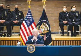  ?? PETE MAROVICH / THE NEW YORK TIMES ?? President Joe Biden speaks in February at New York Police Department headquarte­rs in lower Manhattan. Biden is expected to sign a new executive order that, in part, creates a database of officers who have been fired due to misconduct.