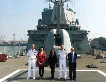  ??  ?? (L-R) Ship’s Officer, Carmen Martin, Neetu Dhulia, Commander Lorenzo and Alberto Gorordo on board Cristóbal Colón