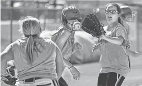  ??  ?? Above, Tipton Rosemark Academy’s Charli Rice, right, and catcher Shelby Clifton chase down runner Abby West during drills Wednesday. The Rebels are a legitimate title contender in a sport Memphis typically doesn't have a lot of success in.