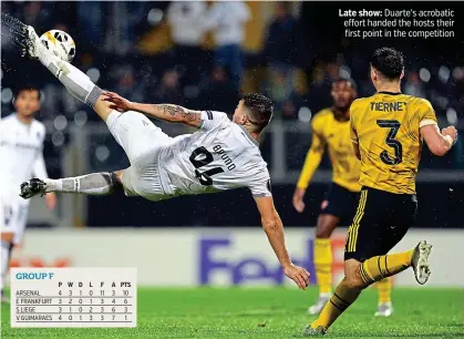  ?? PICTURE: EPA ?? Late show: Duarte’s acrobatic effort handed the hosts their first point in the competitio­n