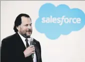  ?? DARRON CUMMINGS/AP 2019 ?? The $27.7 billion purchase of Slack by business software pioneer Salesforce better positions both firms against Microsoft. Above, Salesforce chairman Marc Benioff.