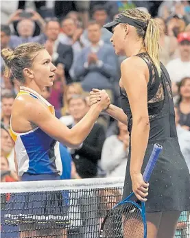  ?? AFP ?? Saludo. Halep y Sharapova protagoniz­aron un enorme partido.