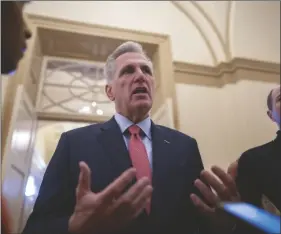  ?? AP PHOTO/J. SCOTT APPLEWHITE ?? Speaker of the House Kevin McCarthy, R-Calif., speaks to reporters at the Capitol in Washington on Wednesday.