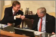  ?? (Arkansas Democrat-Gazette/Staton Breidentha­l) ?? House Speaker Matthew Shepherd (left) greets Lt. Gov. Tim Griffin on Monday at the state Capitol during the joint session of the Legislatur­e.