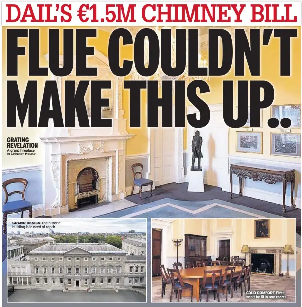  ??  ?? GRATING REVELATION A grand fireplace in Leinster House GRAND DESIGN The historic building is in need of repair COLD COMFORT Fires won’t be lit in any rooms