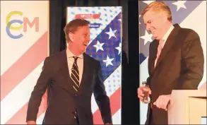  ?? Dan Haar/Hearst Connecticu­t Media ?? Ned Lamont, left, and Bob Stefanowsk­i shared a laugh before their final debate at Foxwoods Resort Casino Oct. 30, 2018