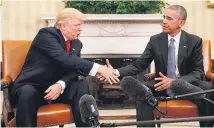  ?? Picture / AP ?? President- elect Donald Trump and President Barack Obama shake hands following their meeting in the Oval Office.