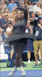  ?? GETTY IMAGES ?? SERENA WILLIAMS at the U.S. Open on Aug. 27, 2018, dons a one-shoulder black Virgil Abloh bodysuit, complete with tutu.