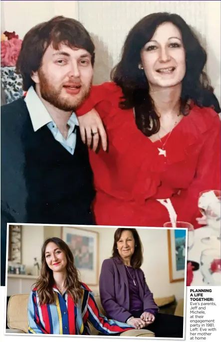  ??  ?? PLANNING A LIFE TOGETHER: Eve’s parents, Jeff and Michele, at their engagement party in 1981. Left: Eve with her mother at home