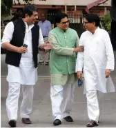  ?? — G. N. JHA ?? Congress leader R. P. N. Singh ( from left), SP leader Ram Gopal Yadav and RLD chief Ajit Singh leave after a meeting with the Election Commission at Nirvachan Sadan in New Delhi over the reports of malfunctio­ning of the EVMs on Monday.
