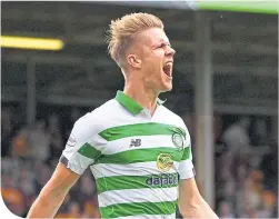  ??  ?? Kristoffer Ajer celebrates his goal yesterday