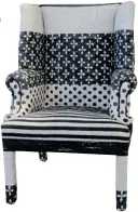  ??  ?? Peter Wilds’ Victorian wingback chair upholstere­d with black and white Designers Guild fabric.