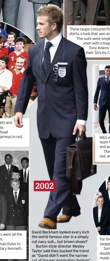  ?? ?? 2002
David Beckham looked every inch the world-famous star in a simply cut navy suit... but brown shoes?
Burton style director Wesley Taylor said they bucked the trend as “David didn’t want the narrow cut of trouser dominating fashion”.