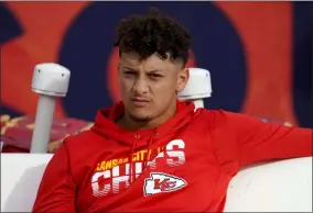  ?? JACK DEMPSEY - THE ASSOCIATED PRESS ?? FILE - In this Thursday, Oct. 17, 2019, file photo, Kansas City Chiefs quarterbac­k Patrick Mahomes sits on the bench prior to an NFL football game against the Denver Broncos in Denver.