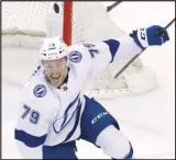  ?? Associated Press ?? Lightning center Ross Colton celebrates scoring against the Panthers in the closing seconds of Game 2 of a secondroun­d playoff series, Thursday, in Sunrise, Fla. Tampa Bay won 2-1.