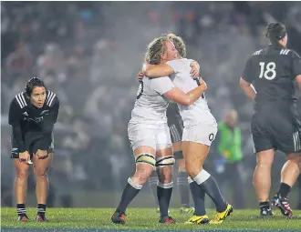  ??  ?? Party time: England’s Izzy Noel-Smith and Vicky Fleetwood celebrate victory against New Zealand