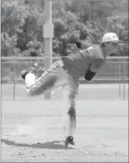  ?? PHOTOS BY CASEY LUTHER SPECIAL TO THE ENTERPRISE-LEADER ?? Eric Hill, who will be a senior this fall at Farmington High School, follows through while pitching for the NWA All-Stars during the 2018 Babe Ruth Southwest Regional baseball tournament for boys 16-18 in July. Hill is now busy competing for the...