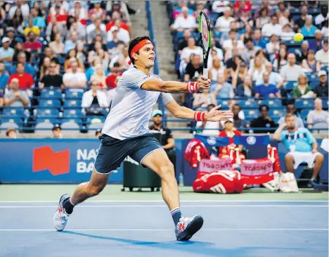  ?? MARK BLINCH/THE CANADIAN PRESS ?? Canadian Milos Raonic was too much for Belgium’s David Goffin to handle Monday as he took the first-round match at the Rogers Cup tennis tournament in straight sets, 6-3, 6-4. It was Raonic’s first tournament match since suffering an injury at Wimbledon.