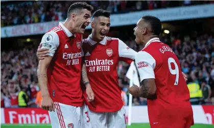  ?? Photograph: Sebastian Frej/MB Media/Getty Images ?? Gabriel Jesus celebrates after scoring Arsenal’s first in the midweek win over Aston Villa that maintained their 100% start to the season.