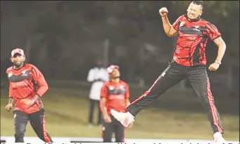  ??  ?? Seamer Rayad Emrit celebrates one of his three wickets as he helped push Red Force towards victory. (Photo courtesy WICB Media)