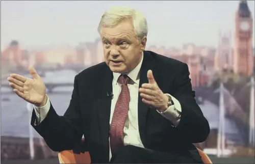  ?? PICTURES: JEFF OVERS/BBC/PA WIRE. ?? Brexit Secretary David Davis appearing on the BBC One current affairs programme The Andrew Marr Show yesterday. DEAL DISCUSSION:
