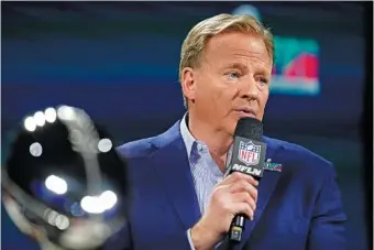  ?? AP PHOTO/MIKE STEWART ?? NFL commission­er Roger Goodell speaks during his Super Bowl week news conference Wednesday in Phoenix.