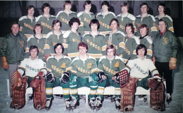  ?? CHAD HIPOLITO / POSTMEDIA NEWS FILES ?? The 1972 Humboldt Broncos team photo shows Dr. Terry Henning, left, as head coach. He was given the job after the team’s first coach celebrated wins with a little too much gusto.