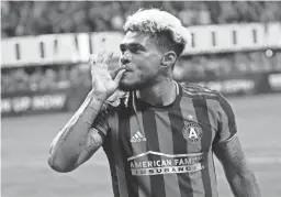  ??  ?? Atlanta United forward Josef Martinez gestures toward the crowd after scoring a goal against the Philadelph­ia Union on Oct. 24, 2019.