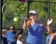  ?? PETE BANNAN — DIGITAL FIRST MEDIA ?? Downingtow­n West’s Jordan Bradley hits a forehand during Friday’s Ches-Mont National Division singles final against teammate Holly Koons at West Chester Henderson.