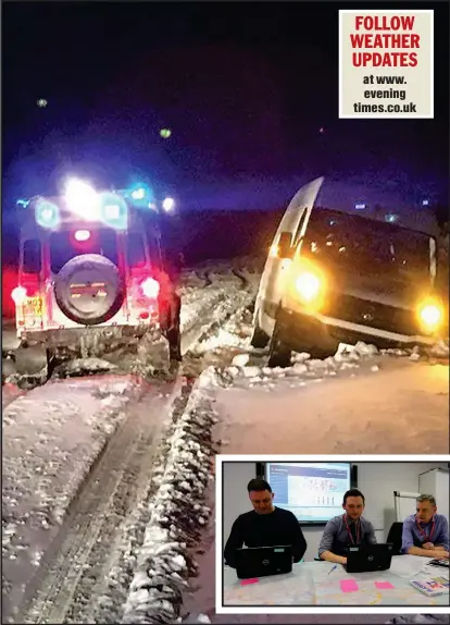  ??  ?? Rescue crews help a motorist on the M74, while inset, staff at the Winter Control Room monitor city roads and streets