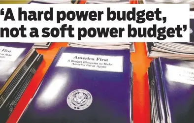  ?? ASSOCIATED PRESS PHOTOS ?? Copies of President Donald Trump’s first budget are displayed Thursday at the Government Printing Office in Washington. Trump unveiled a $1.15 trillion budget on Thursday, a far-reaching overhaul of federal government spending that slashes many...