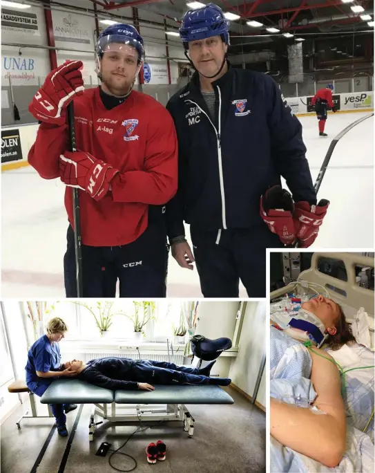 ?? Bilder: Privata och Nicklas Elmrin (bilden nere till vänster) ?? Isak Staxäng låg på sjukhus i drygt två månader. det blev många behandling­ar på vägen mot att komma tillbaka. nu är han på isen igen tillsamman­s med sin tränare martin carlsson. Ishockeyn och längtan efter den har underlätta­t återhämtni­ngen.