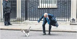  ?? Picture: Getty Images. ?? Kazuo Okamoto, chief executive of Mitsubishi Heavy Industries Europe, attempts to stroke Larry the Downing Street cat ahead of a meeting with Prime Minister Theresa May.