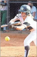  ?? Jeremy Stewart ?? Rockmart’s Alexis Teems lays down a bunt during an at-bat in Game 2 of the Lady Jackets’ doublheade­r against Adairsvill­e last Thursday.